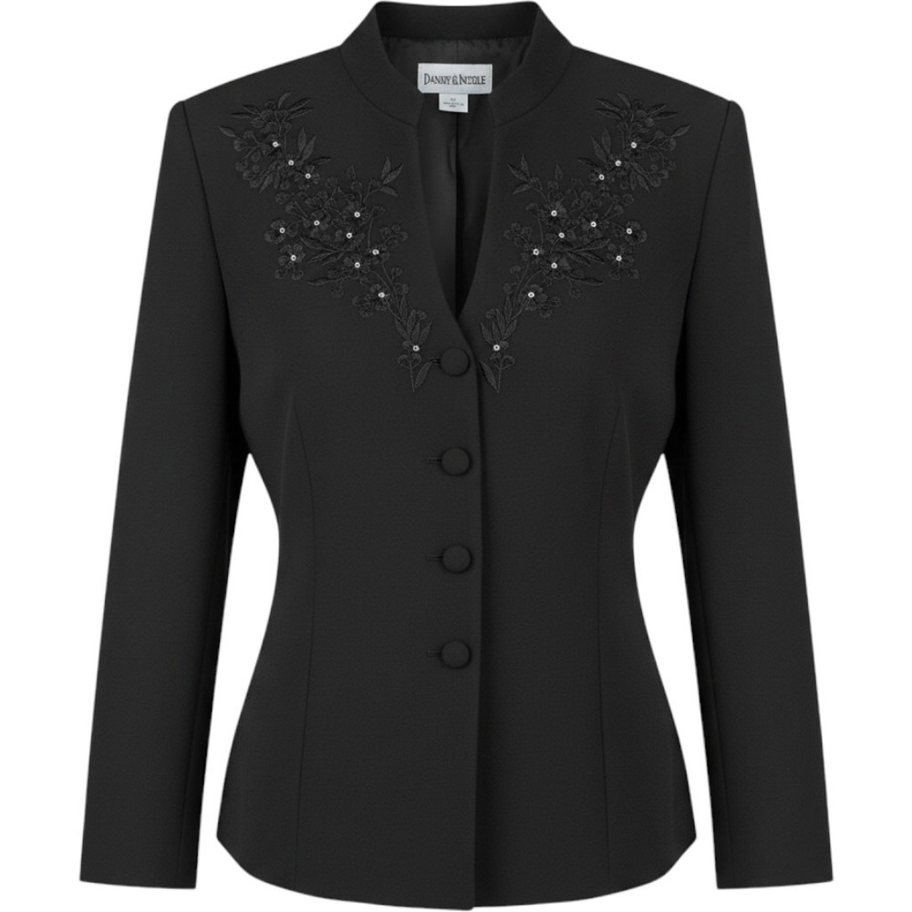 Danny & Nicole Black Embroidered Rhinestone Blazer Mandarin Collar Jacket Sz 16